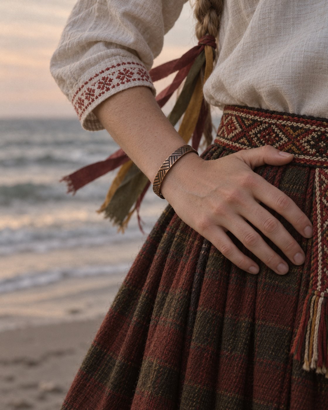 Brass bracelet with a traditional Latvian woven skirt